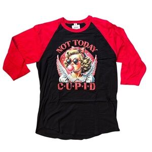 NWT GRAPHIC 3/4 SLEEVE TSHIRT RED BLACK NOT TODAY CUPID VALENTINES DAY‎